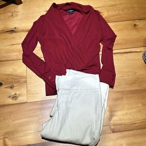 NWOT GUESS by Marciano - Burgundy red Plunge Neck silk Blouse - XS 0 2